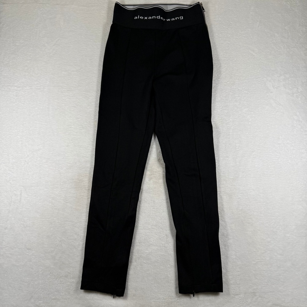 Alexander Wang Black High Waist Logo Band Skinny Leggings Side Zip Pants 8831
